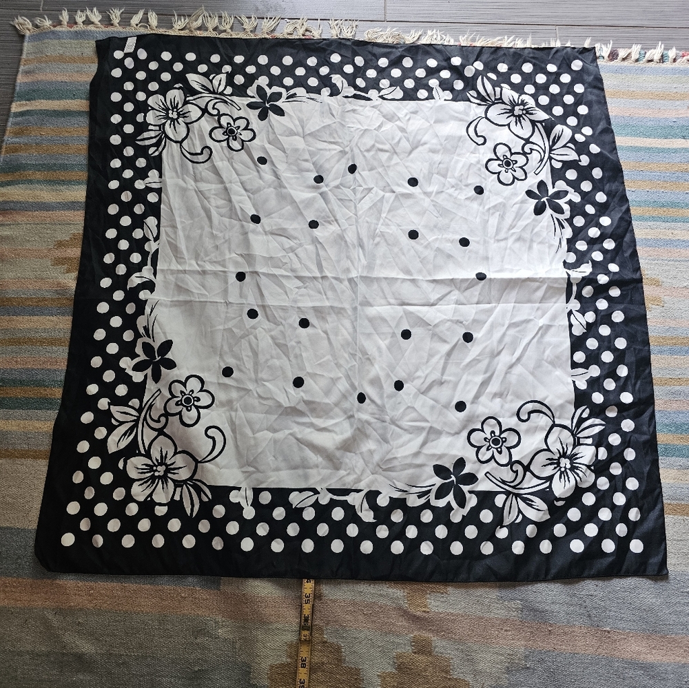 Vintage Black and White Floral Polka Dot Scarf 34x34